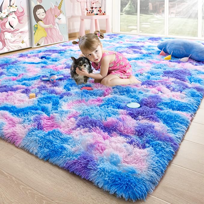 3x5 Tie-Dyed Blue Purple Pink Fluffy Area Rug Non-Slip by ModernHomeDecor