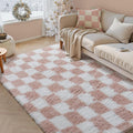 Pink Area Rug 5x8 for Bedroom Soft Fluffy Checkered Shag Carpet | Machine by PureCozy