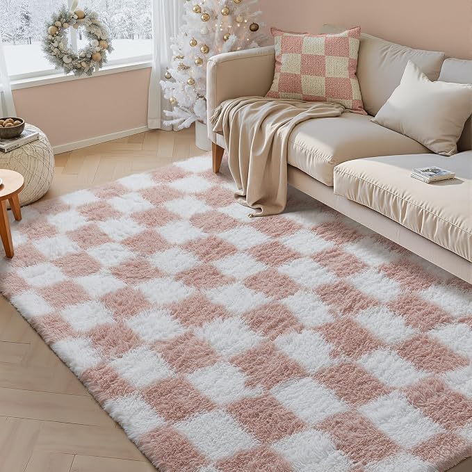 Pink Area Rug 5x8 for Bedroom Soft Fluffy Checkered Shag Carpet | Machine by PureCozy