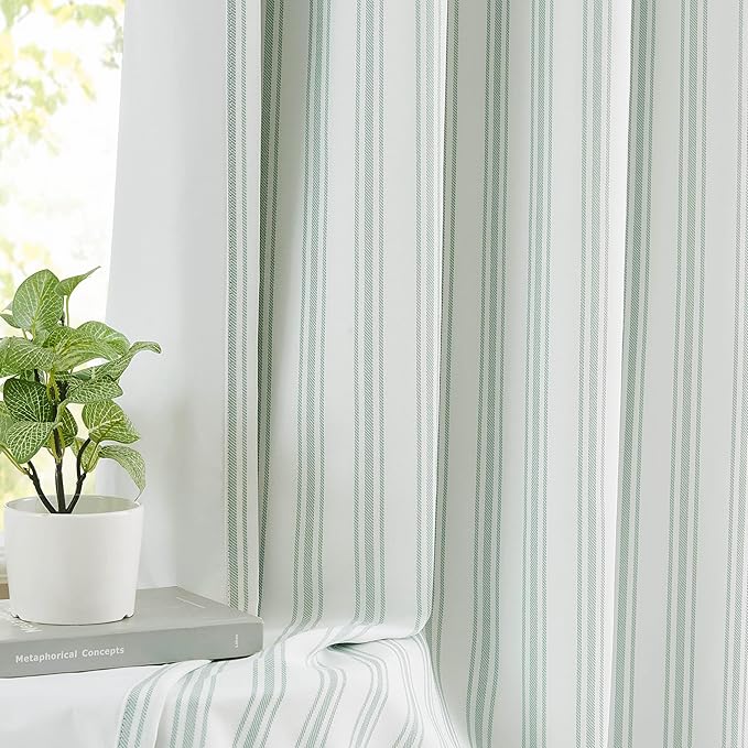 ZJDECOR 72 Inch Green White Striped Full Blackout Curtain Panels | Stripe on by ZJDECOR