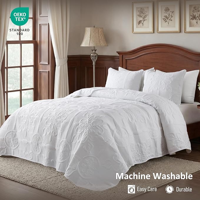 White Damask Quilt California Cal King Size Bedding Sets - Image 2