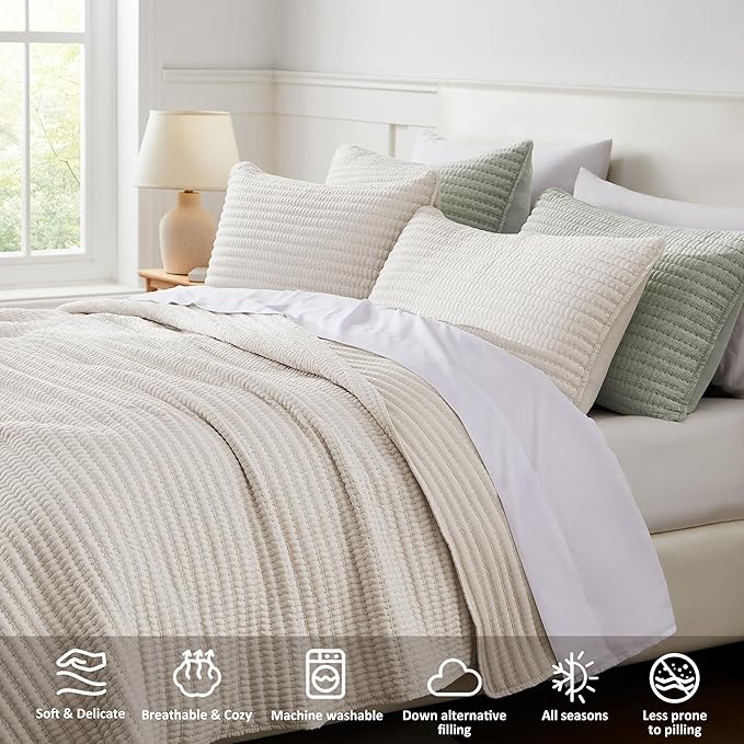 WDCOZY Beige Pick Stitch Queen Size Quilt Set, Striped Lightweight Soft Summer - Image 3