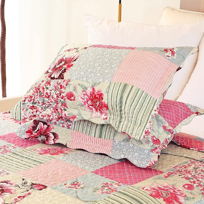Cmfshape Summer Floral Queen Quilted Bedspread, Romantic Pink Quilt Set - Image 5