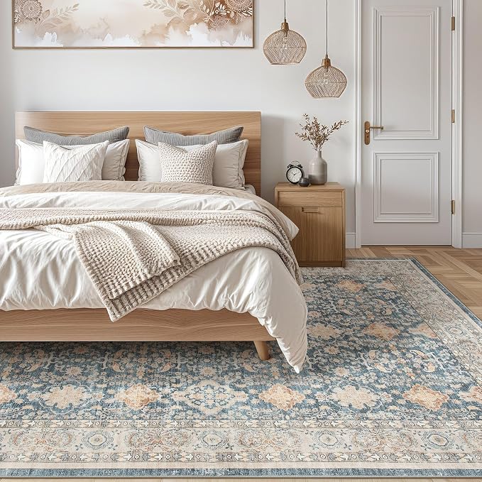 cotiled 9x12 Area Rug for Living Room, Traditional, Dark Blue | Soft Distressed - Image 6