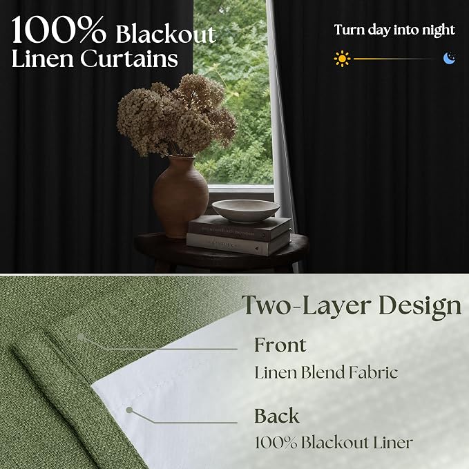 80 Inch Olive Green Linen Pinch Pleated Blackout Curtains - Image 2