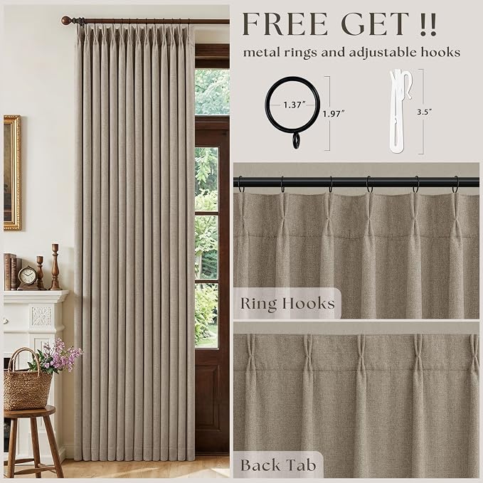 Deep Flax Pinch Pleated Blackout 102 Inch Bedroom Curtains Dual Layer | - Image 4