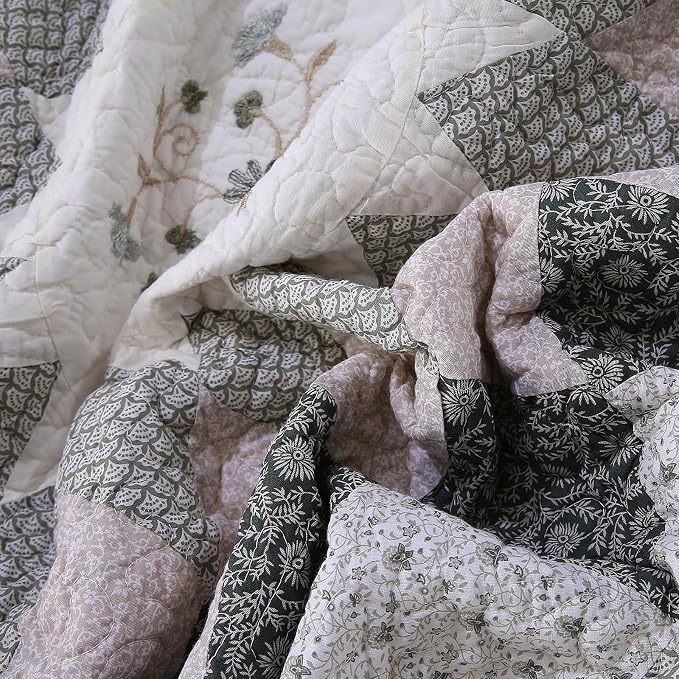 ROOMLIFE Quilt Set Queen Size 3D Floral Embroidery Pattern 3-Piece Cotton | - Image 8
