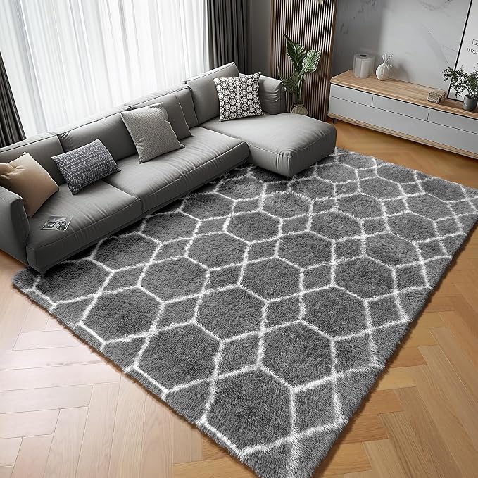 Area Rugs for Living Room Bedroom, 5x8 Fluffy Grey and White Rug, Geometric - Image 3