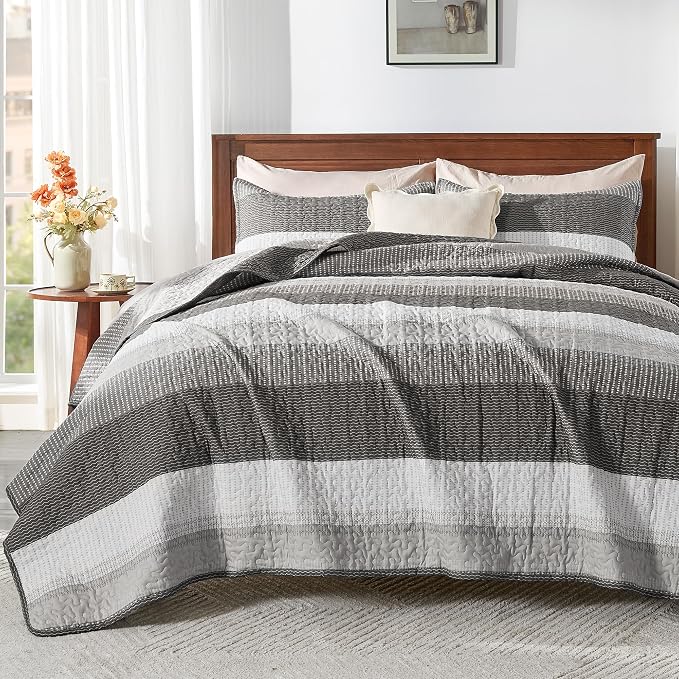 Oversized King Quilt Set, Dark Grey Stripe Bedspread, 3 Pieces | 120x98 Inch by Andency