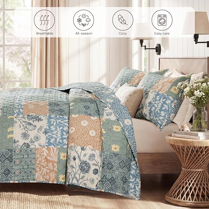 California King Quilt Set-3 Pieces Soft Bedding Floral Patchwork Coverlet | All - Image 4