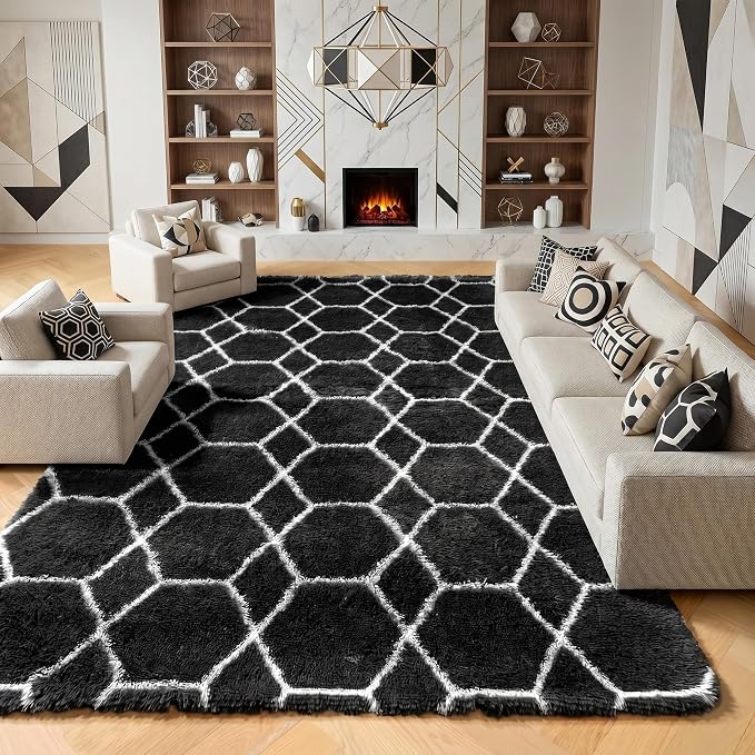 8x10 Area Rugs for Living Room, Fluffy Black and White Bedroom Rug, Geometric by ONASAR