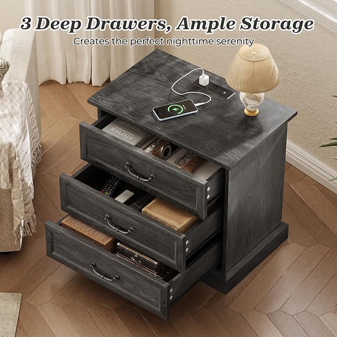 Huuger Nightstand with Charging Station, 3 Drawer Night Stand Set of 2 | 22 - Image 5
