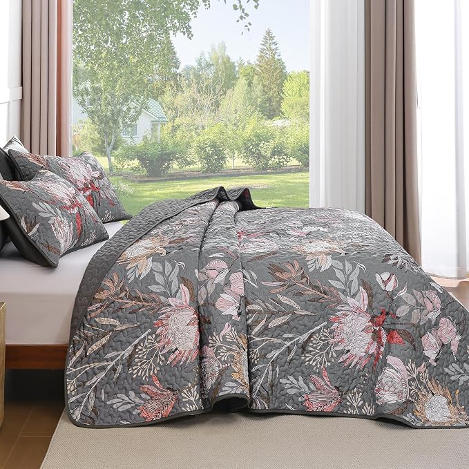 Dintszyayue Quilt King Size Grey, Soft Microfiber Lightweight Farmhouse Bed - Image 3