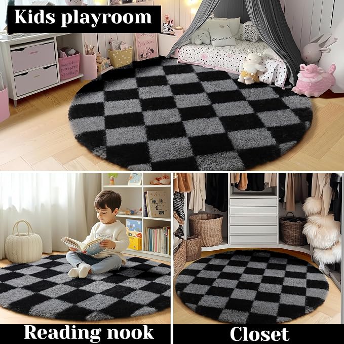 KICMOR Round Rugs 6ft Black and Grey Circle Area Rug, Fluffy Soft Fuzzy Shag - Image 7