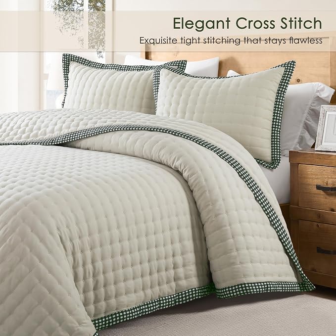 WDCOZY Wheat Cloud Quilt Set King Size, Lightweight Soft Cross Stitch Bedspread - Image 2