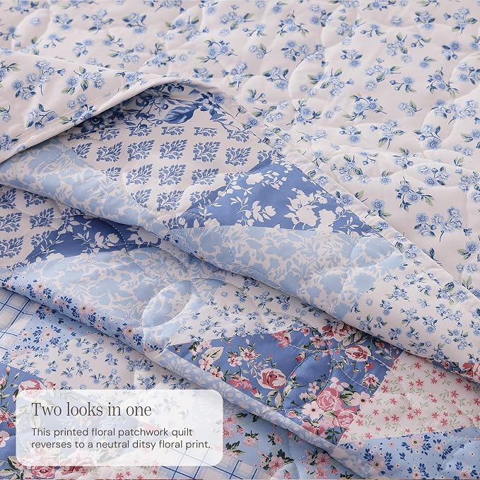 Queen Quilt Set-3 Pieces Soft Bedding Lightweight Floral Patchwork Coverlet | - Image 3