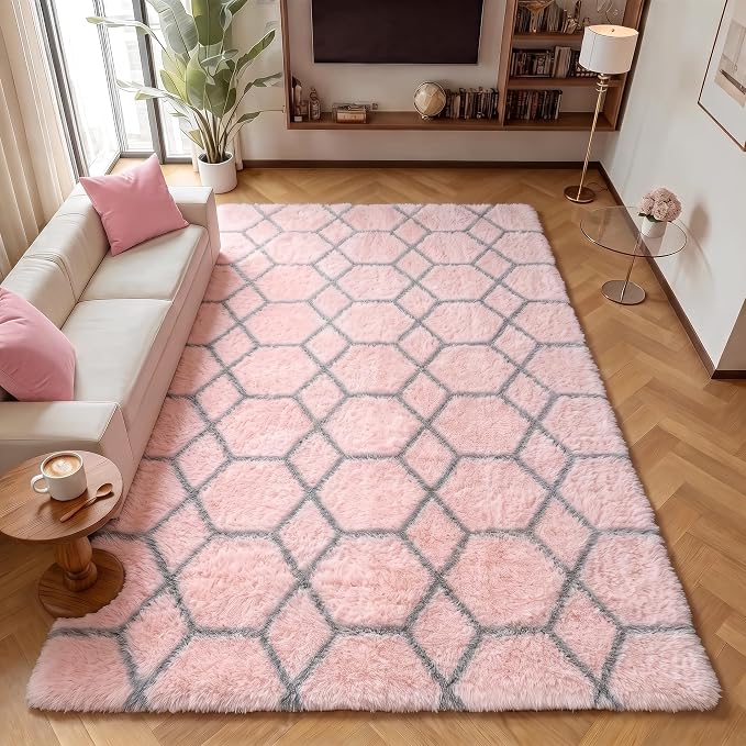 Rugs for Living Room Bedroom, 5x8 Fluffy Pink and Grey Area Rug, Geometric Boho - Image 5
