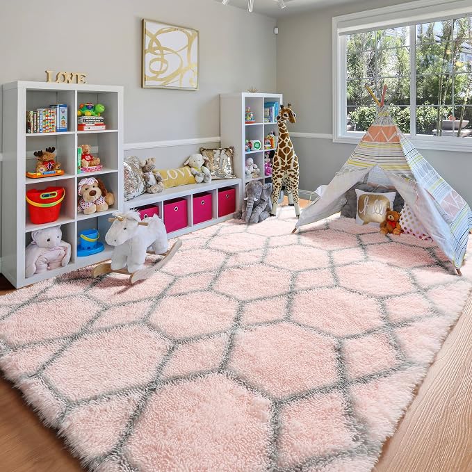 Rugs for Living Room Bedroom, 5x8 Fluffy Pink and Grey Area Rug, Geometric Boho - Image 9