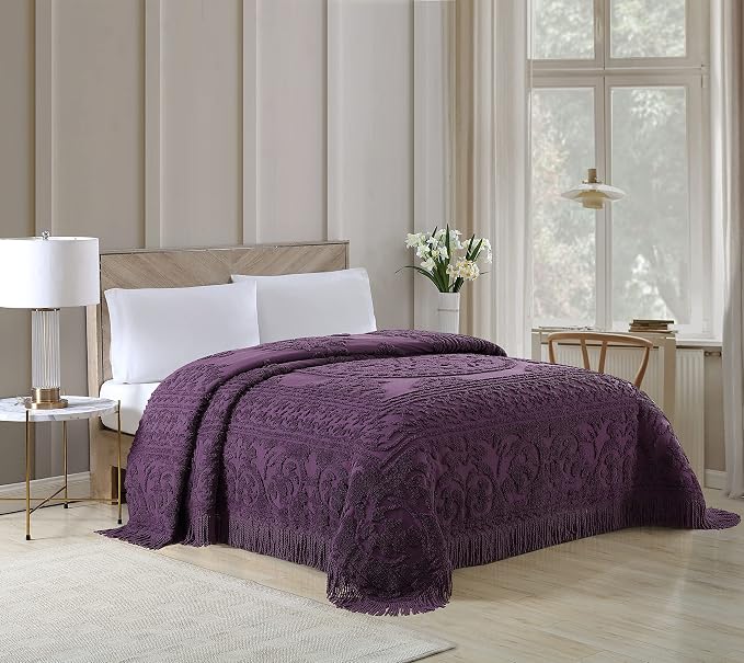 Beatrice Home Fashions Medallion Queen Cotton Chenille Bedspread, Eggplant | - Image 4