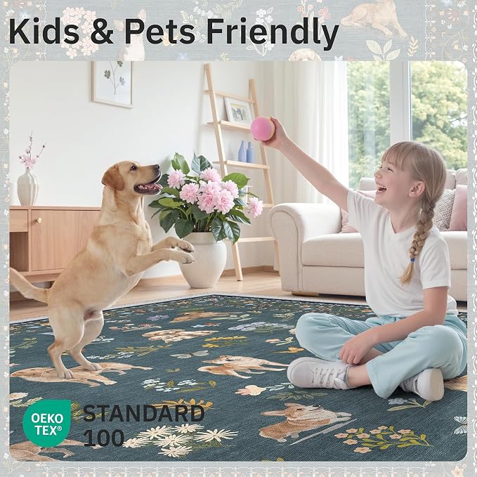 Soalmost Dog 9x12 Area Rugs for Living Room, Washable Soft Rug Navy Blue | - Image 5