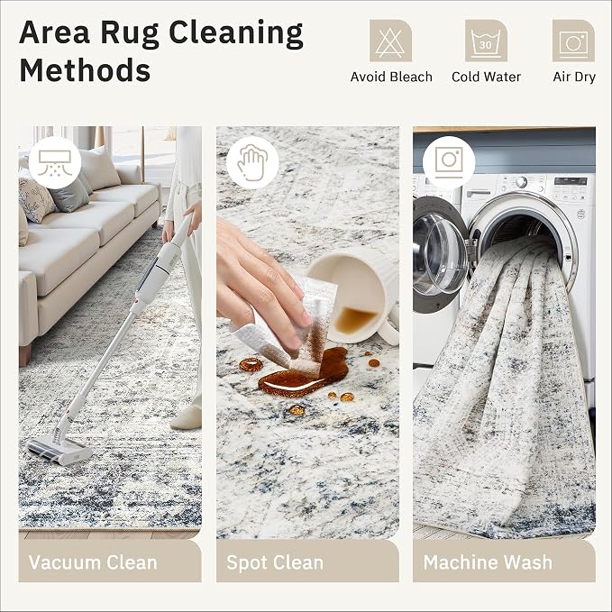 Soalmost 9x12 Area Rugs for Living Room Washable Rug Non-Slip Blue/Ivory | - Image 9