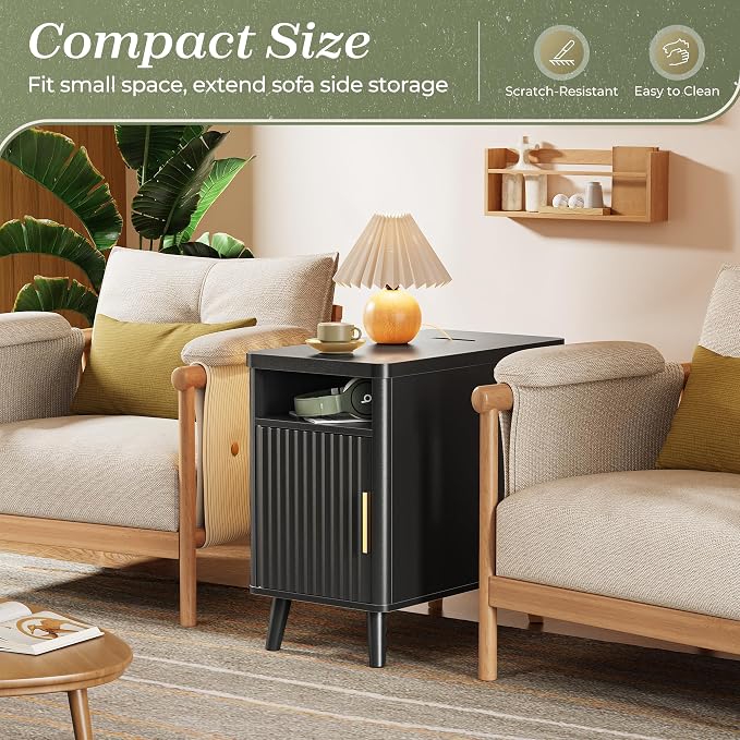 Huuger Narrow End Table with Charging Station, USB-C Port | Fluted Nightstand - Image 3