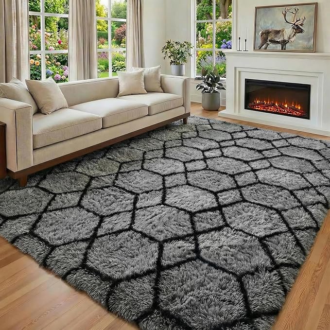 7x9 Area Rugs for Living Room Bedroom, Large Fluffy Grey and Black Throw Rug - Image 5