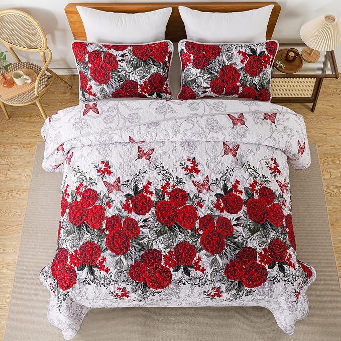 Yiran Full Size Quilt Red, Rose Floral Bedspread Bedding Set | 3 Pieces - Image 3