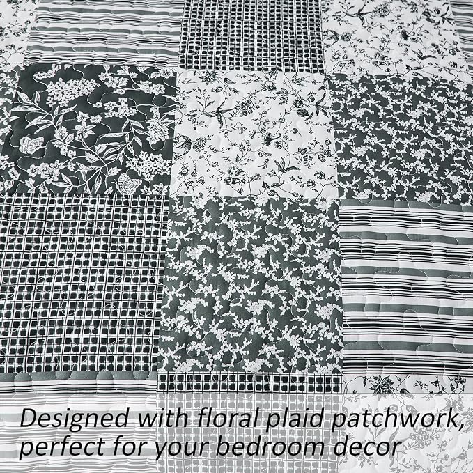 Mybedsoul Black Grey Boho Quilt Set Queen Size, 3 Pieces Plaid Floral Bedspread - Image 4