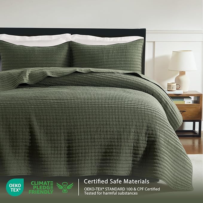 WDCOZY Olive Green Queen Size Pick Stitch Quilt Set, 3 Pieces 90x90 inches | - Image 2
