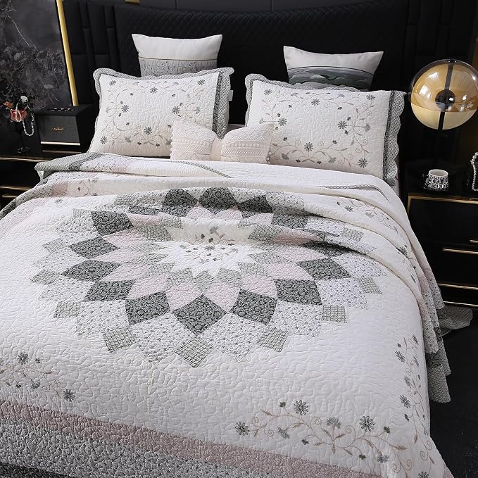 ROOMLIFE Quilt Set Queen Size 3D Floral Embroidery Pattern 3-Piece Cotton | - Image 2