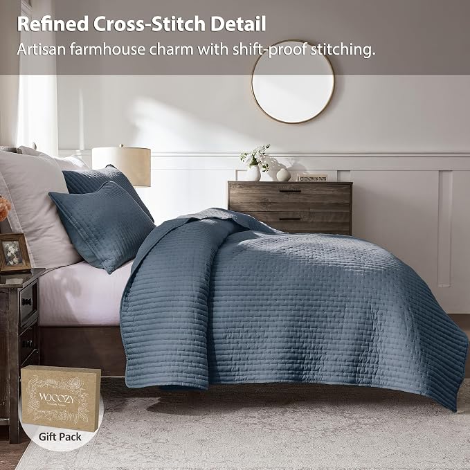 WDCOZY Blue Cross Stitch Twin Size Quilt Set, Striped Lightweight Soft Bedspread - Image 3