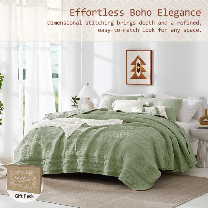 WDCOZY Boho Sage Green Oversized California Cal King Size Quilt Bedding Sets - Image 2