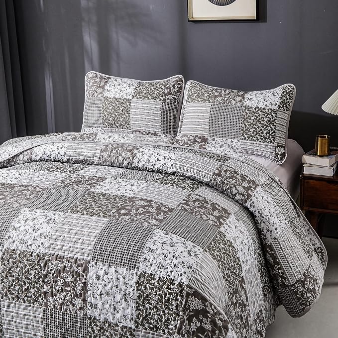 Mybedsoul Grey Boho Quilt Set King Size, 3 Pieces Plaid Floral Bedspread - Image 5