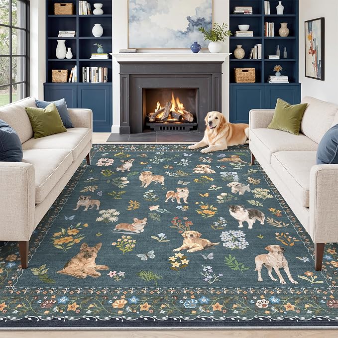 Soalmost Dog 9x12 Area Rugs for Living Room, Washable Soft Rug Navy Blue | by Soalmost