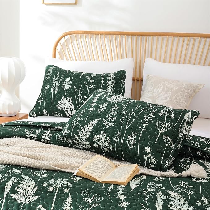 JANZAA Quilts Queen Size, Emerald Green Bedspread Floral Bedding Set 3 Pcs | - Image 3