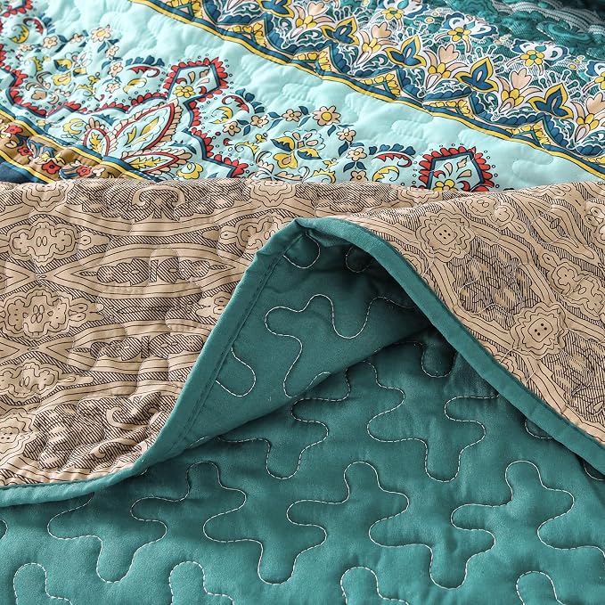 WONGS BEDDING Boho Full Quilt Set, 3 Pieces Green Brown Bohemian Full Size - Image 7