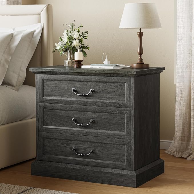 Huuger Nightstand with Charging Station, 3 Drawer Night Stand Set of 2 | 22 - Image 3