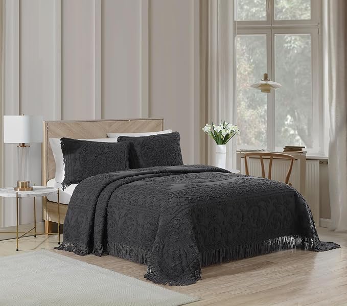 Beatrice Home Fashions Medallion King Cotton Chenille Sham, Charcoal | Vintage - Image 2