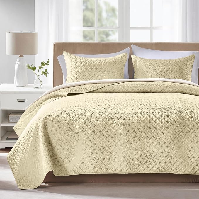 FLYMME Quilts King Size, Lightweight Butter Yellow Bedspreads, Basket Weave by FLYMME
