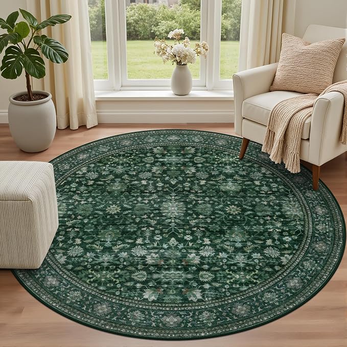 Round Area Rug for Living Room: 4ft Boho Washable Rug Deep Green | Vintage Boho - Image 2