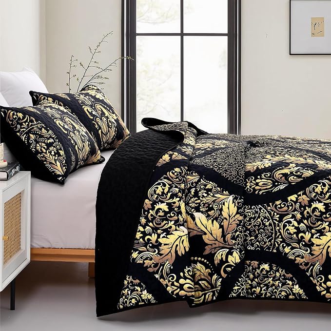 DJY Black Quilt Set Queen Size, Boho Gold Damask Bedspread Coverlet 3Pcs | Soft - Image 3