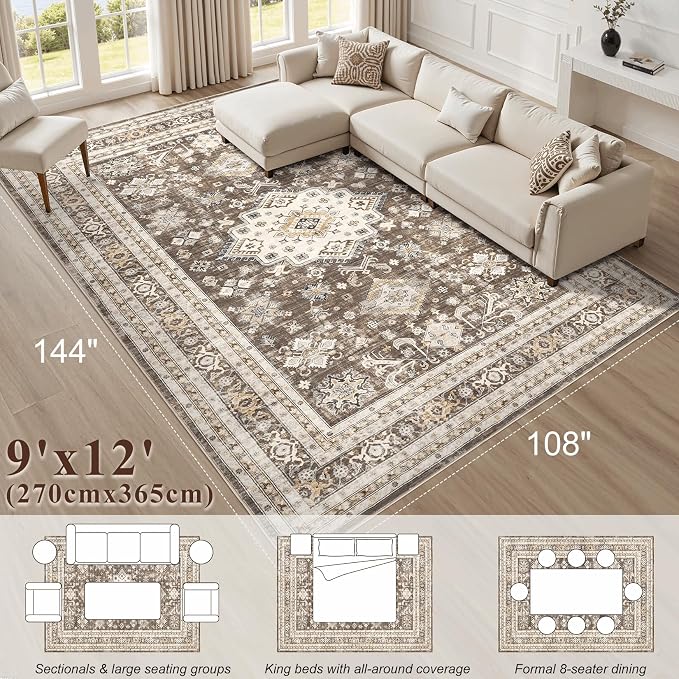cotiled 9x12 Area Rug for Living Room, Traditional, Dark Brown | Soft - Image 10