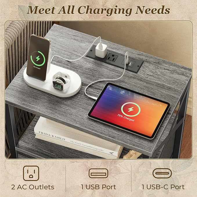 Huuger Night Stand with Charger Station, USB-C Port, End Table | 2 Drawer - Image 4