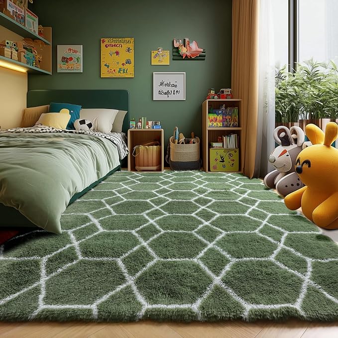 6x9 Area Rugs for Living Room Bedroom, Large Fluffy Olive Green and White Throw - Image 6