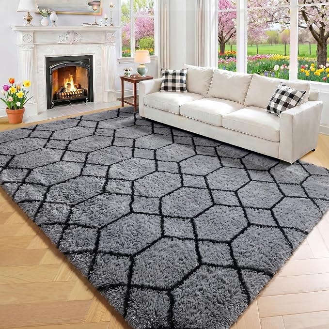 6x9 Area Rugs for Living Room Bedroom, Large Fluffy Grey and Black Throw Shag - Image 6