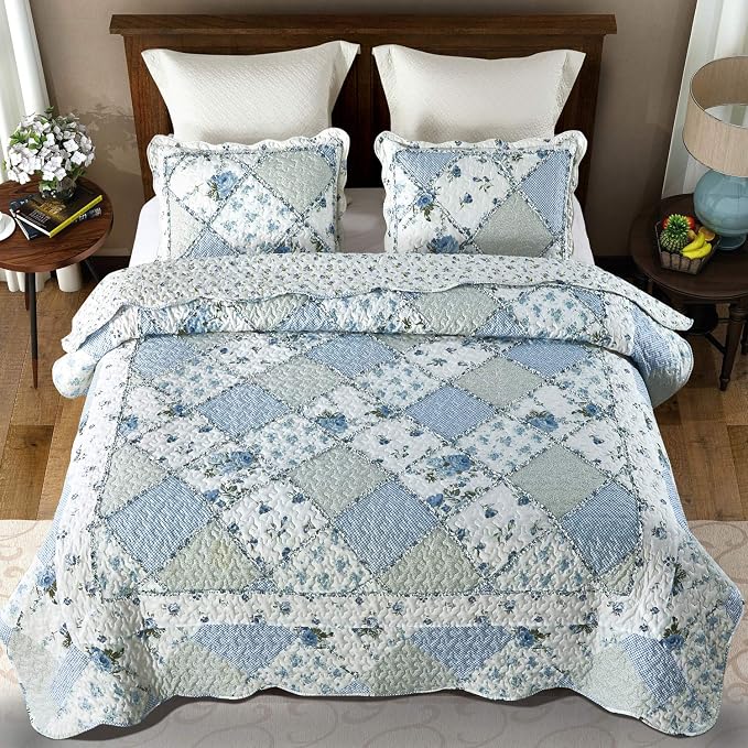 Oversized King Size Quilt Set 128x120 Blue Floral Patchwork Bedspreads Set | - Image 2