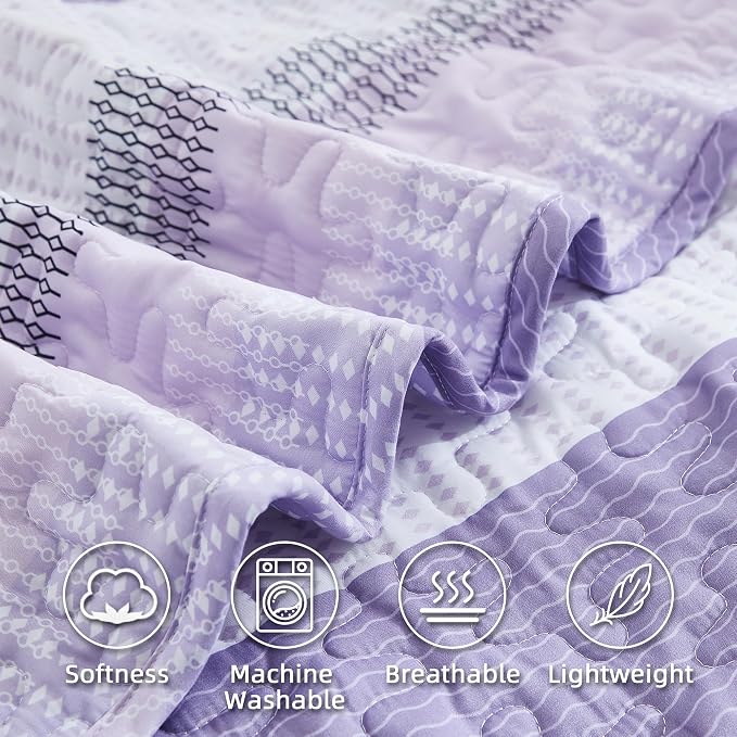 Queen Quilt Set Lavender, 3 Pieces Striped Bedspread | Ultra Soft Summer - Image 5