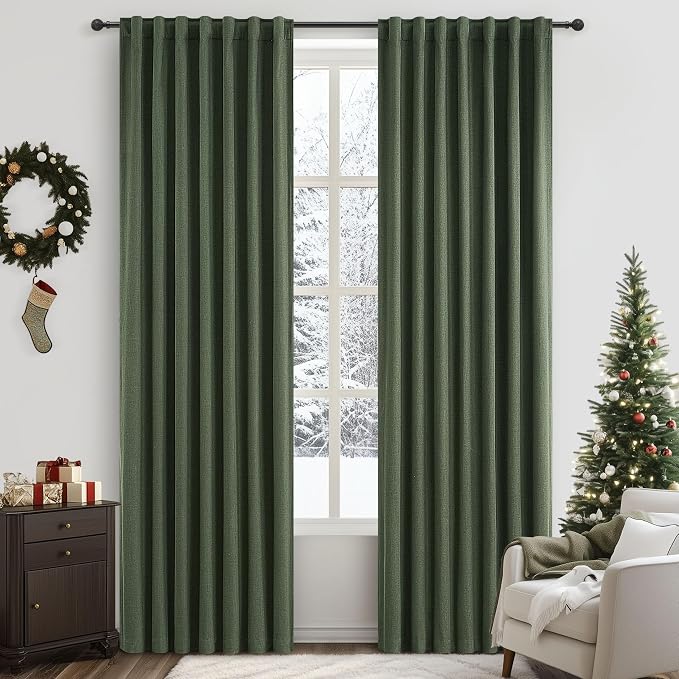 Olive Green Blackout Curtains & Drapes, Dining Room Boho Curtains 96 Inches - Image 2