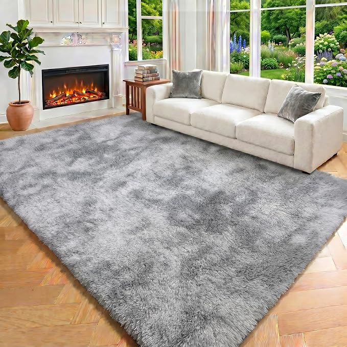 Area Rugs for Bedroom Living Room, 4x6 Tie-Dyed Light Grey Fluffy Shaggy - Image 6